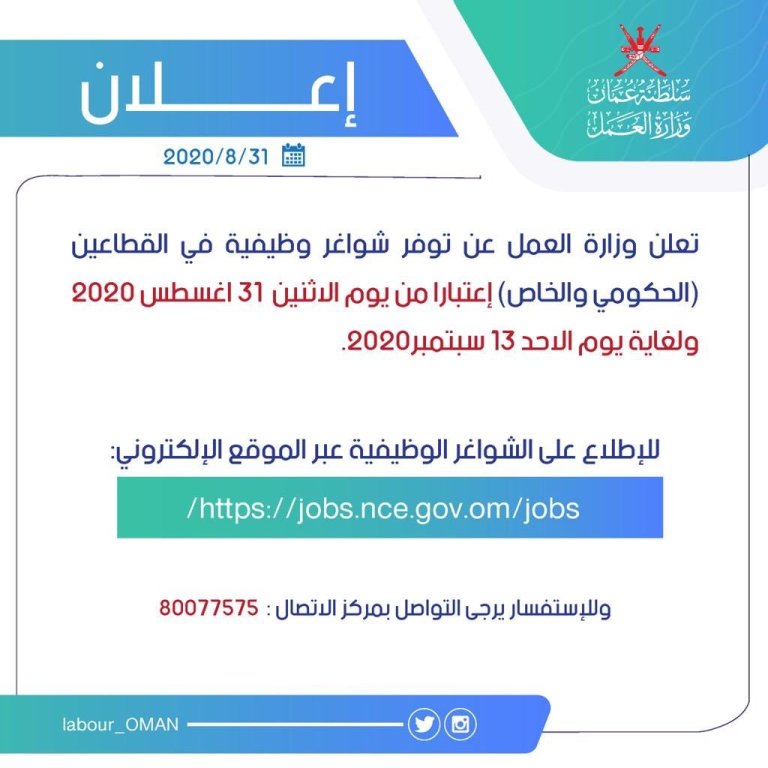 وزارة العمل تعلن فرص عمل جديدة للقطاعين الحكومي والخاص1698743946