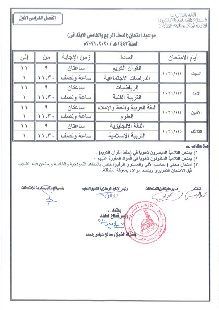 "الشرقية الأزهرية" تعلن مواعيد امتحانات الفصل الدراسي الثاني بمختلف المراحل التعليمية 1 352054 الصف الرابع والخامس الابتدائي1713098715