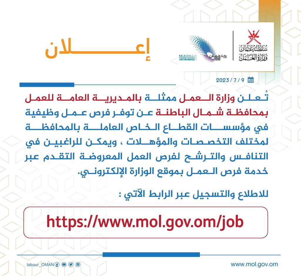 وزارة العمل تعلن عن 5183 فُرصة عمل في 78 شركة بـ15 مُحافظة 1 20230709 1047491724395384