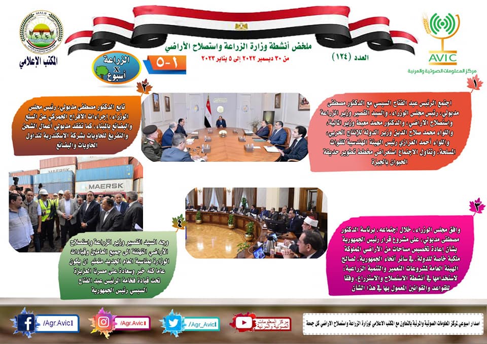 بالإنفوجراف والفيديو.. "الزراعة" تستعرض أنشطة الوزارة خلال أسبوع 1 2023 638085952927624947 7621731066063